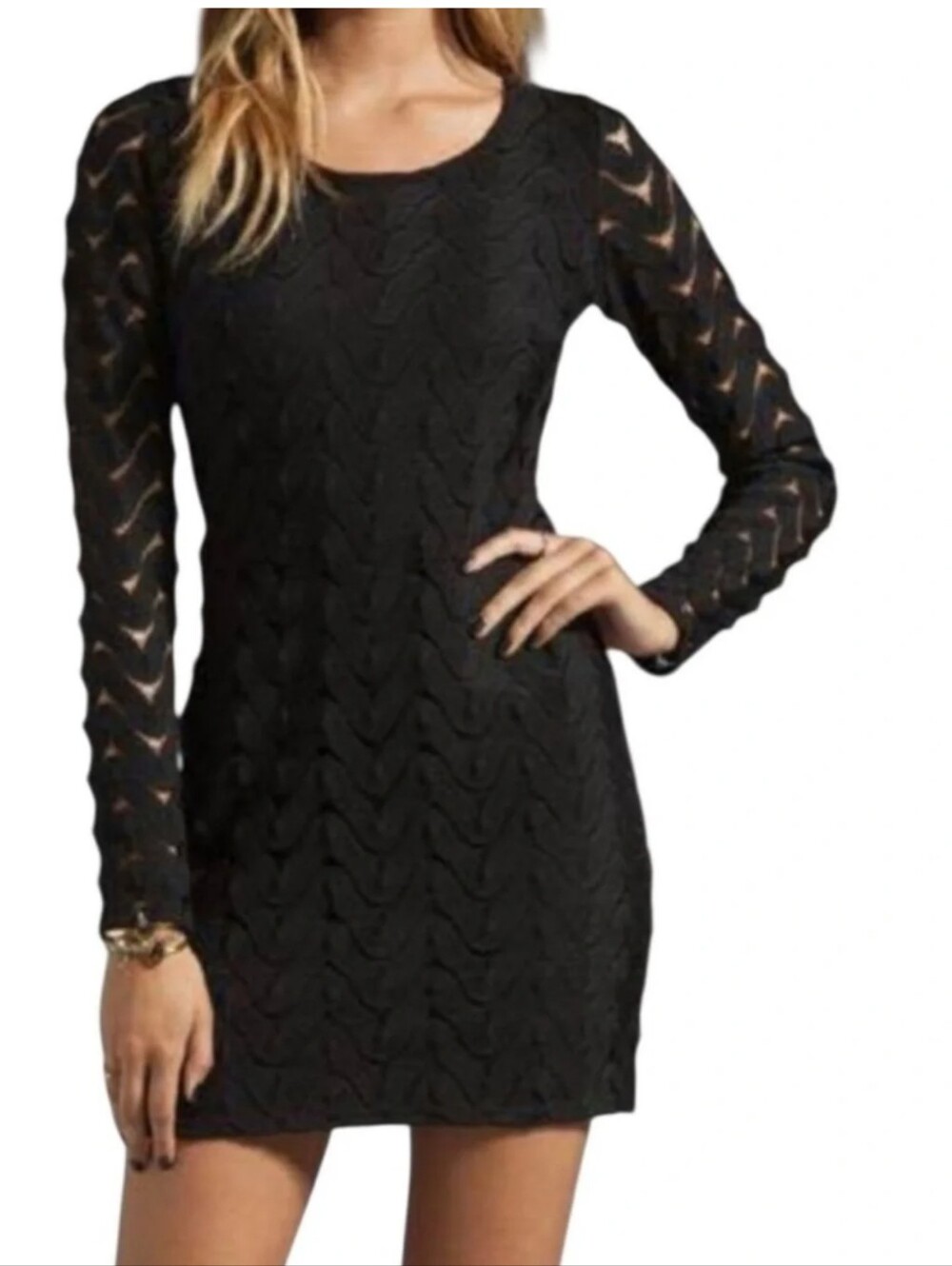 Free People Wild Thing Black Crochet Chevron Knit Long Sleeve Mini Dress | XS